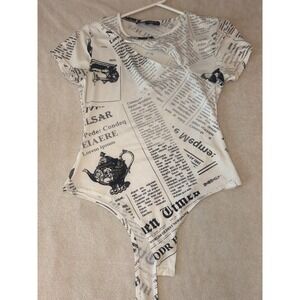 Say Anything Women's Medium Newspaper Print Asymmetrical Tie Front Top Graphic T